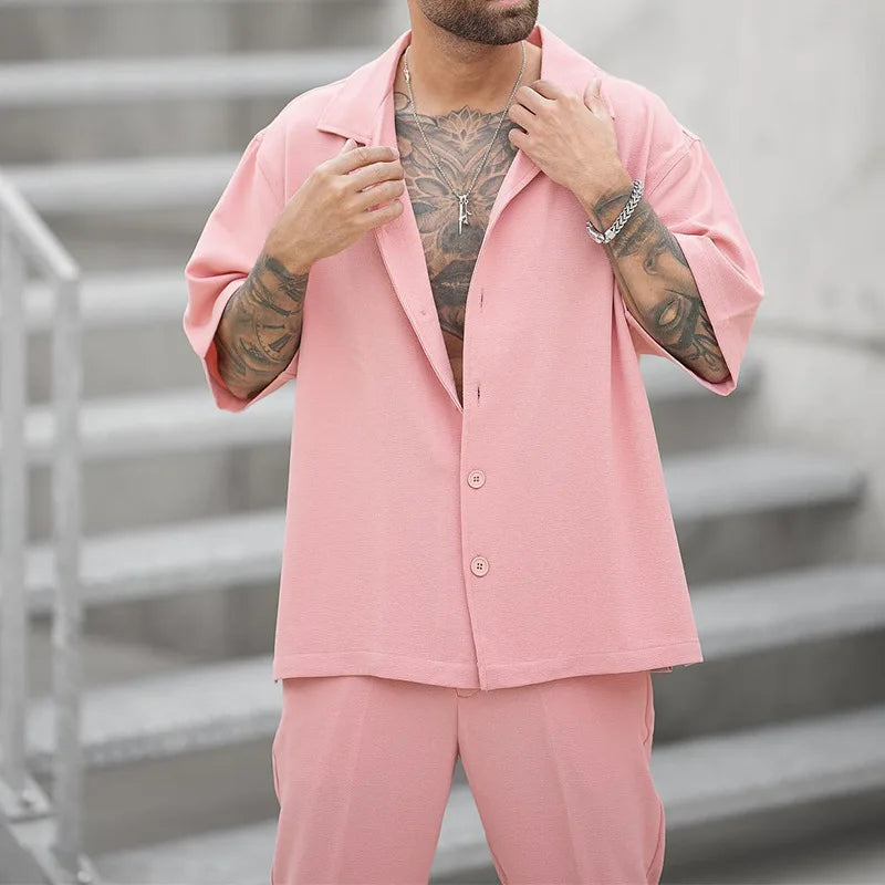 2025 Men's Casual 2PCS Pants Sets Fashion Lapel Shirt Top and Trousers Set Trendy Solid Blazer Pants Two Piece Set Clothing Male