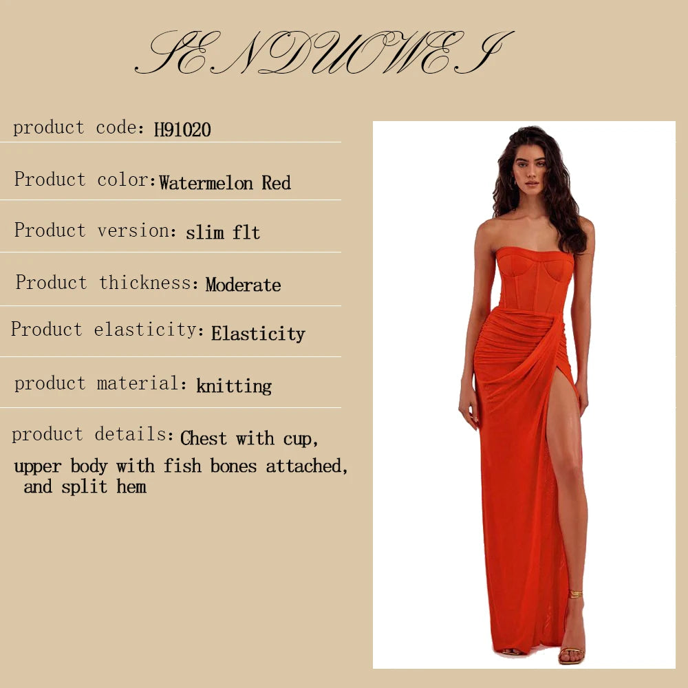 Summer New  women's Sexy breast wrapping,backless Dress, Red Wrinkled Hem Split Party ceremonial dress Long, Dress