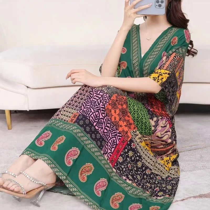 V-neck Large Skirt Hem Casual Sweet Holiday Long Dress Bat Sleeves Elastic Waist Bohemian Print Floral Elegant Dresse For Women