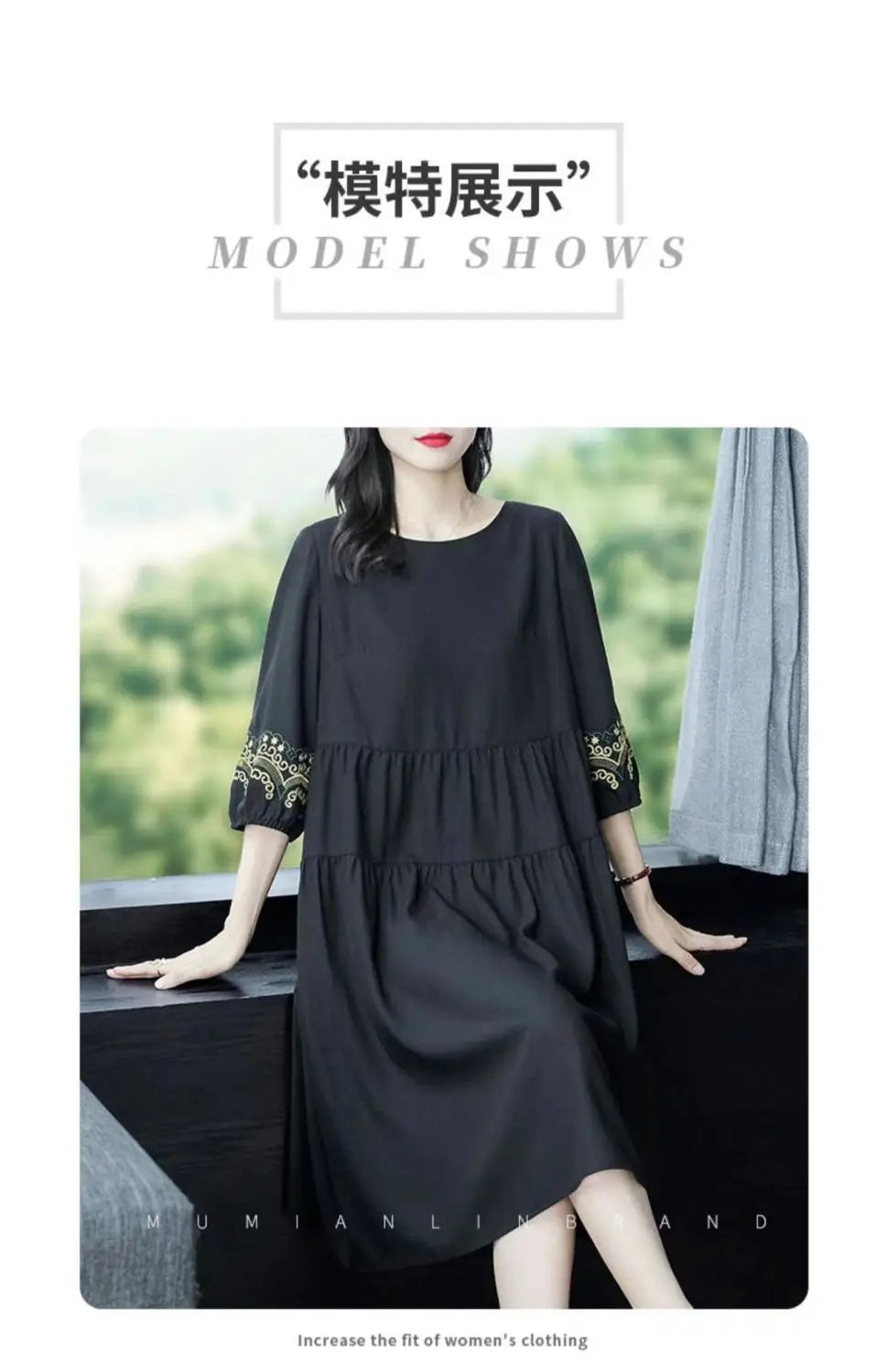 Oversized Women Vintage Long Dress Fashion Casual Spring Summer New 3/4 Sleeve Indie Folk Embroidery Big Size Pullover Midi Robe