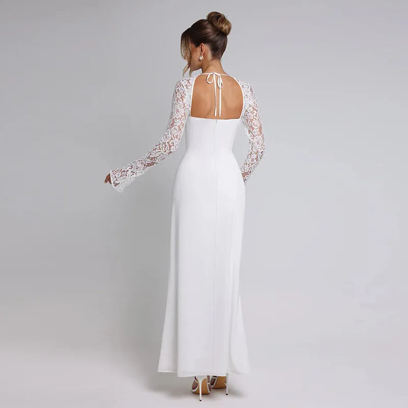 Mozision Lace Long Sleeve Sexy Maxi Dress Women Autumn New Square Collar Backless Lace-up High Split Sexy Club Party Long Dress