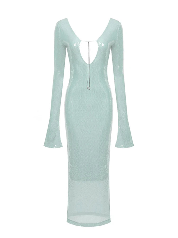 BEVENCCEL Sexy Luxury Sequins Deep V Long Sleeve Backless Sequins Long Dress Elegant Bodycon Maxi Evening Party Clubwear Dress