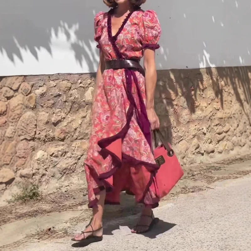 2025 Summer New Bohemian Pattern Print Long Dress Casual V Neck Irregular Fit Dress Elegant Puff Sleeve Vacation Dress For Women