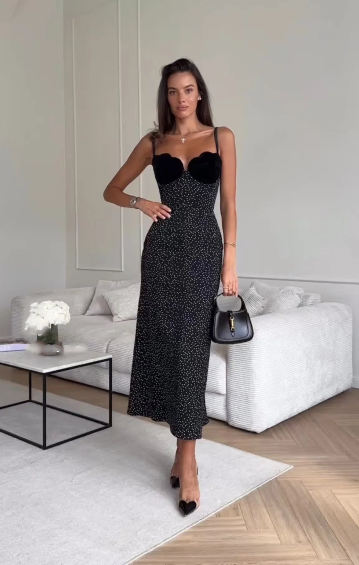 Sleeveless Strapless Polka Dot Patchwork Long Dress Women Spring Summer 2025 Fashion Streetwear Elegant Sexy Black Dresses