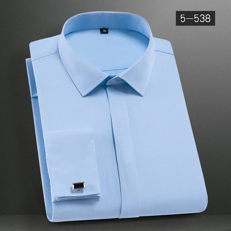 Men's French Cuffs Dress Shirt Long Sleeve Fit Elegant Gentleman Romantic Wedding Party Business Fashion White Shirts