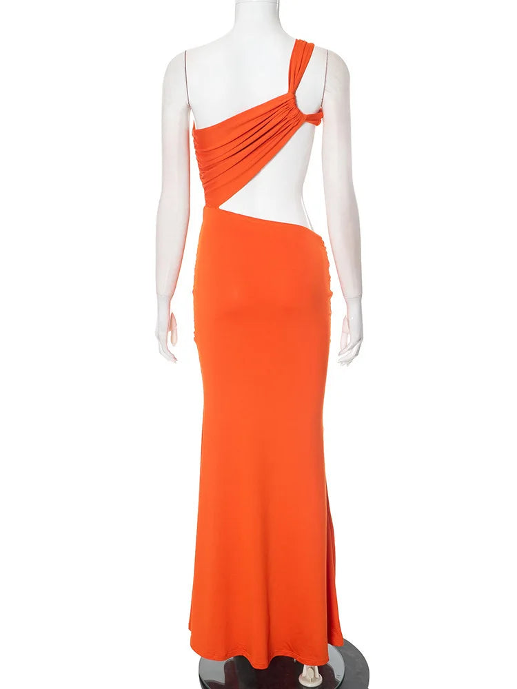 Mozision Irregular Ruched Sexy Maxi Dress For Women Gown Hollow Out One Shoulder Sleevelessdraped Bodycon Club Party Long Dress