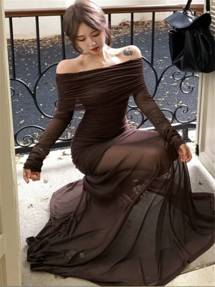 Women Long Sleeve Off Shoulder Coffee Long Dress New Spring Slash Neck Mesh Patchwork Dress Strapless Pleated Pencil Party Dress
