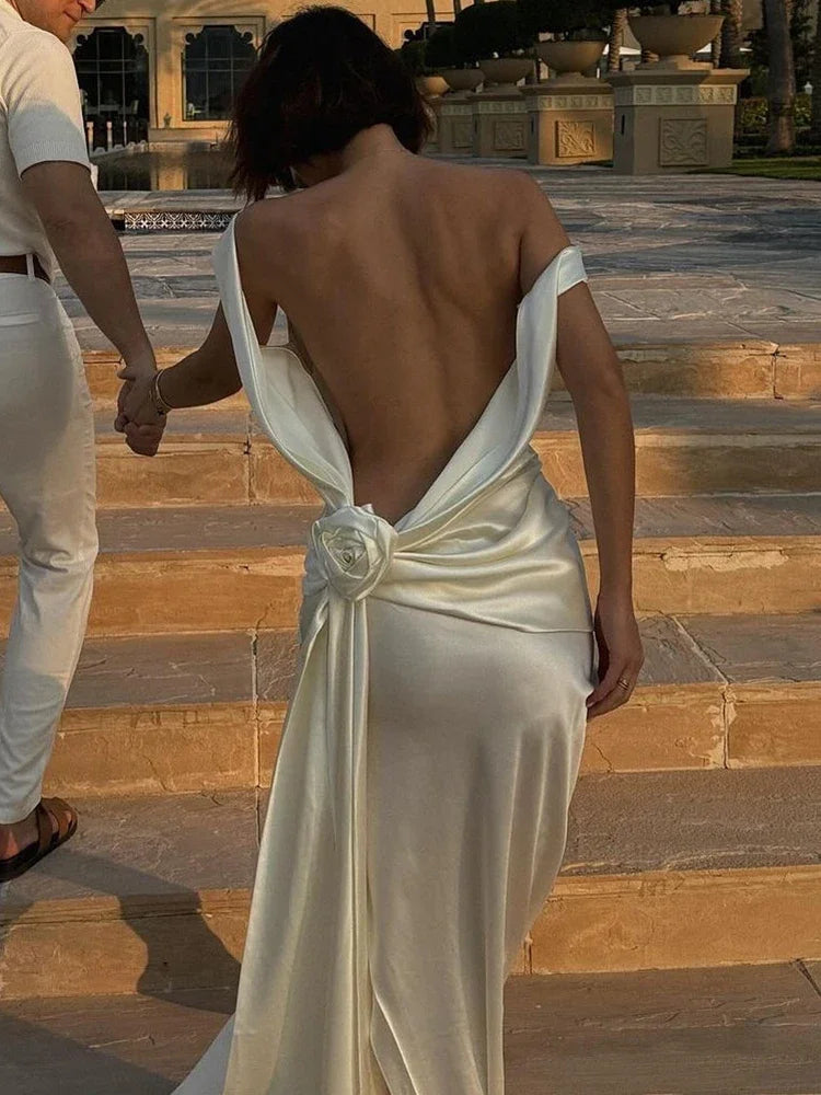2025 Satin Backless Sexy Long Dress for Women Elegant Rose Thigh High Waist Beach Holiday Gorgeous Club