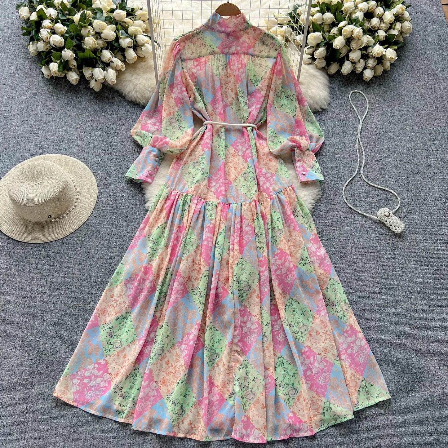 Long Dress Women Dresses A Line Chiffon Vestidos Stand Collar Streetwear Floral Print Elegant Splice Y2k Party Night High Waist