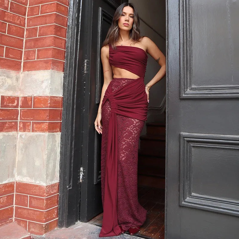 Trendix Sexy Lace Vacation Beach Dress Women 2025 Summer Hollow Out Sleeveless Maxi Dresses Off Shoulder Elegant Slim Long Dress