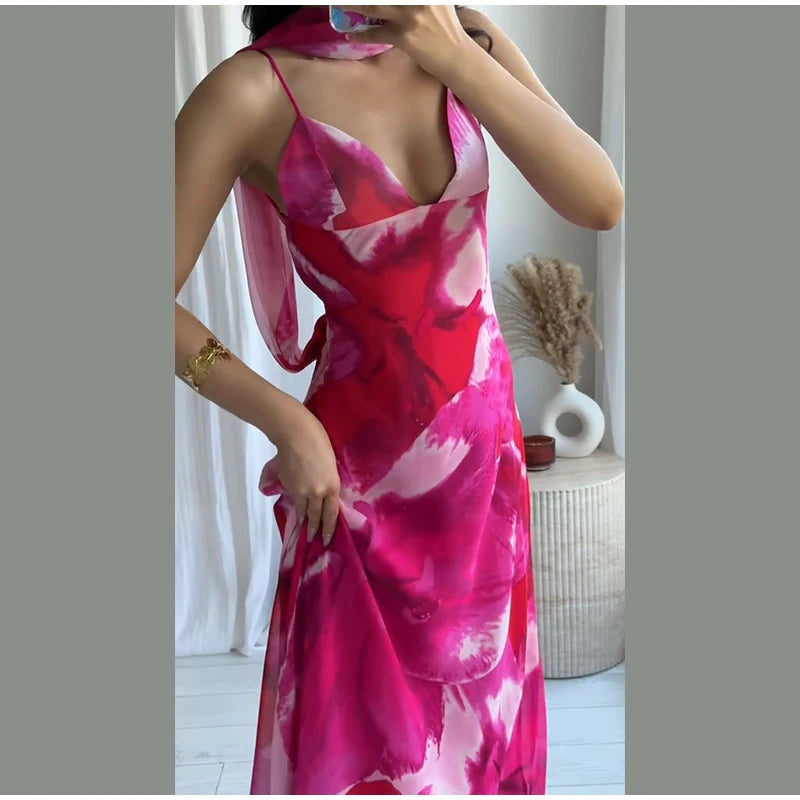 Elegant Printed Tighte Waist Women's Long Dress V-neck Slim A-line Robe 2025 Summer Beach Holiday Style Female's Long Dresses