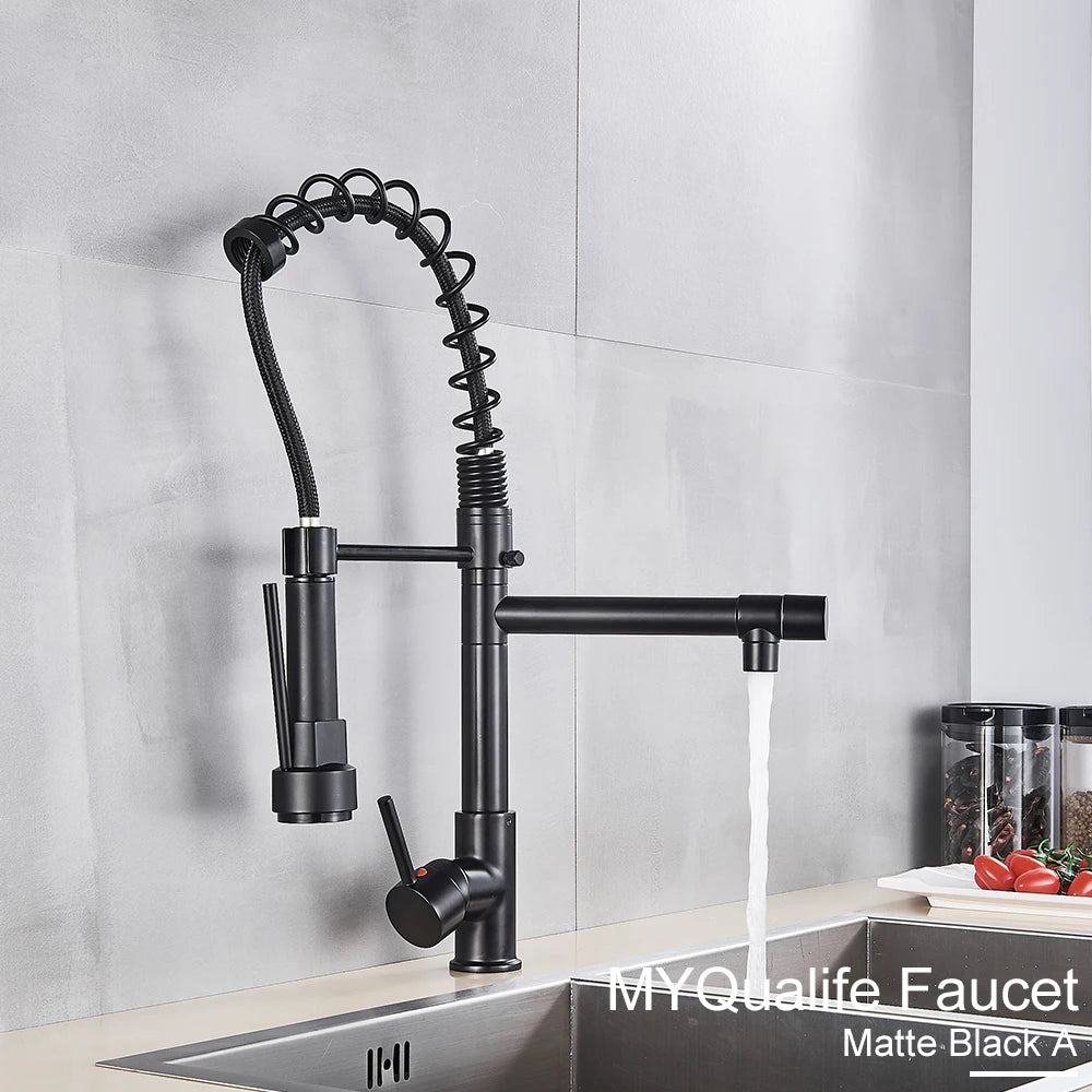 Black Pull Down Kitchen Sink Faucet Hot Cold Water Mixer Crane Tap with Dual Spout 360 Rotation High Faucet Deck Mounted