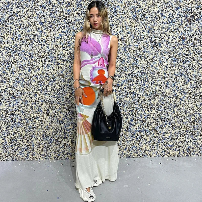 2024 Spring Summer Women long Dress Turtleneck Print Slit Round Neck Sleeveless Slim Fit Maxi Dress Robes Female Party Vestidos