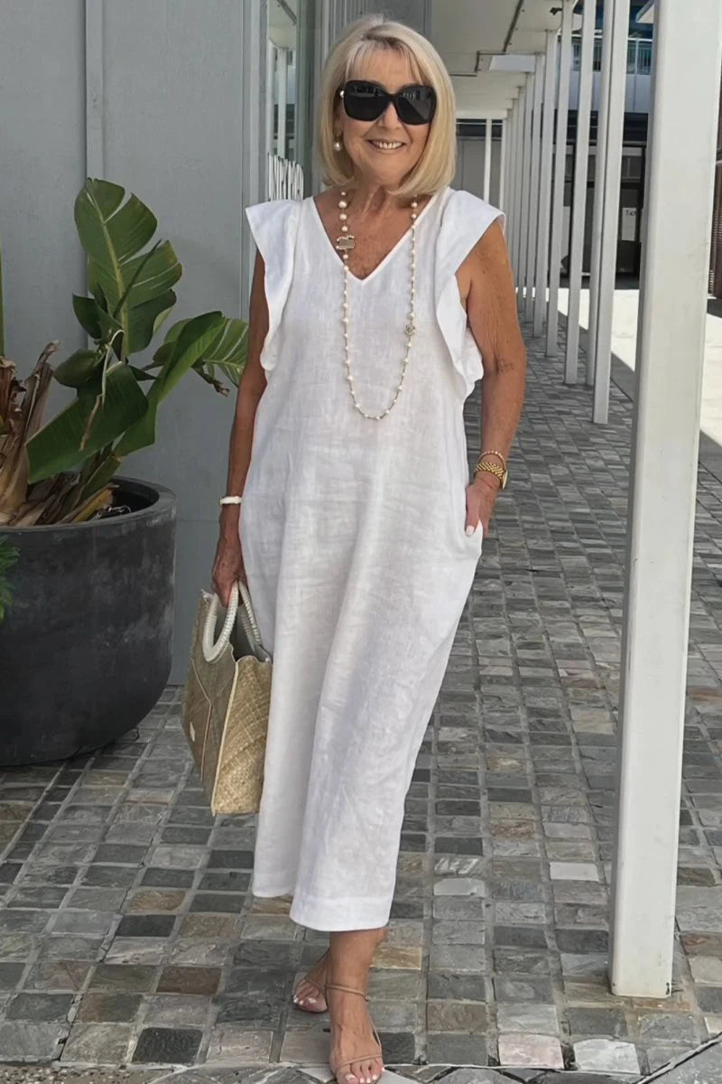 Summer Cotton And Linen Dress For Women Fashion Flying Sleeves Strappy Back Solid Color Loose Long Dress Elegant Robe Femme