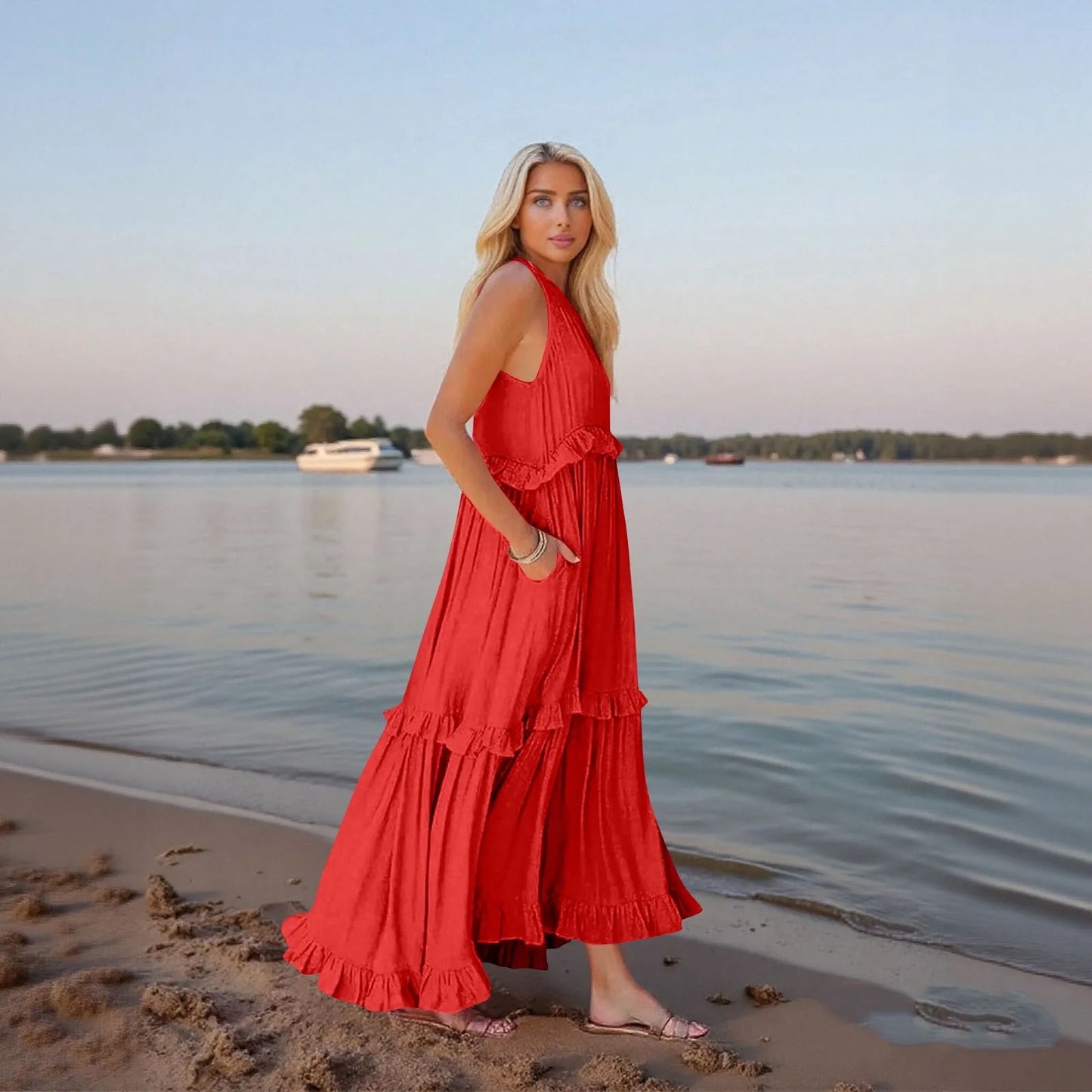 Women's Ruffled hem layered long dresses Summer Sleeveless backless dress Fashion Long Dress Big Swing Beach Dress vestidos