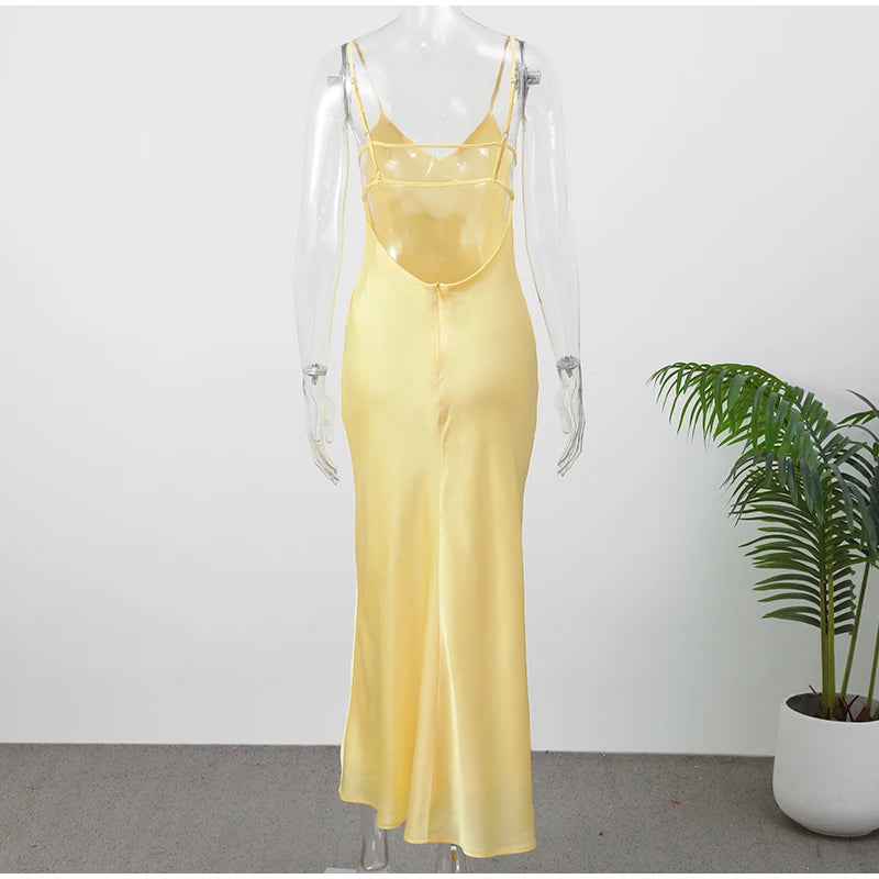 Women Solid Satin Backless Sexy Long Dress Fashion Sleeveless Bodycon Spaghetti Strap Dresses 2025 New Vocation Party Vestidos