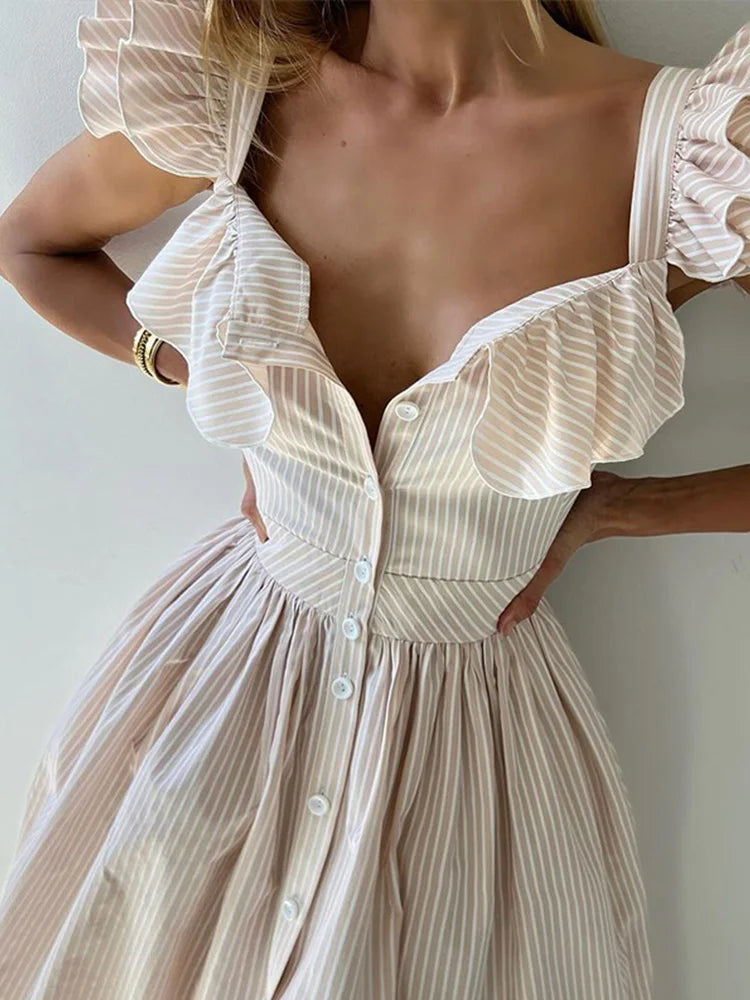 Flying Sleeve Ruffle Striped Slip Long Dress Women Elegant Square Collar Waist Cinching Pleat Party Dresses Chic Ladies Vestido