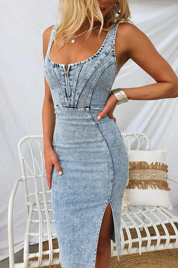 Sexy Slim Tube Top Denim Dresses Women Fashion Package Hip Bodycon Slit Denim Dress Female Trendy Streetwear Vestidos Summer New