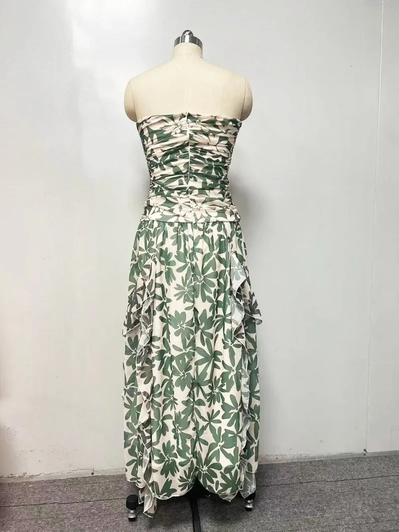 2025spring/summer New Printed Strapless Long Dress with A Stylish Design and Pleated Long Chiffon Dress for Women's Evening Wear
