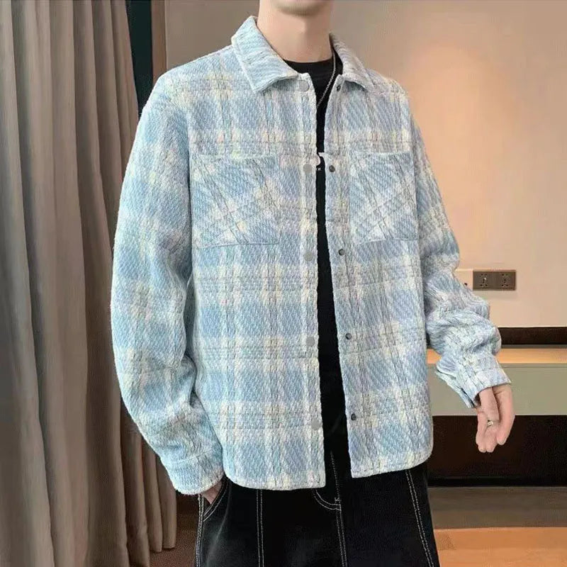Men's Spring/Autumn/Winter Woolen Tweed Slim Fit Collarless Jacket with Color Blocking Design for a Youthful Look