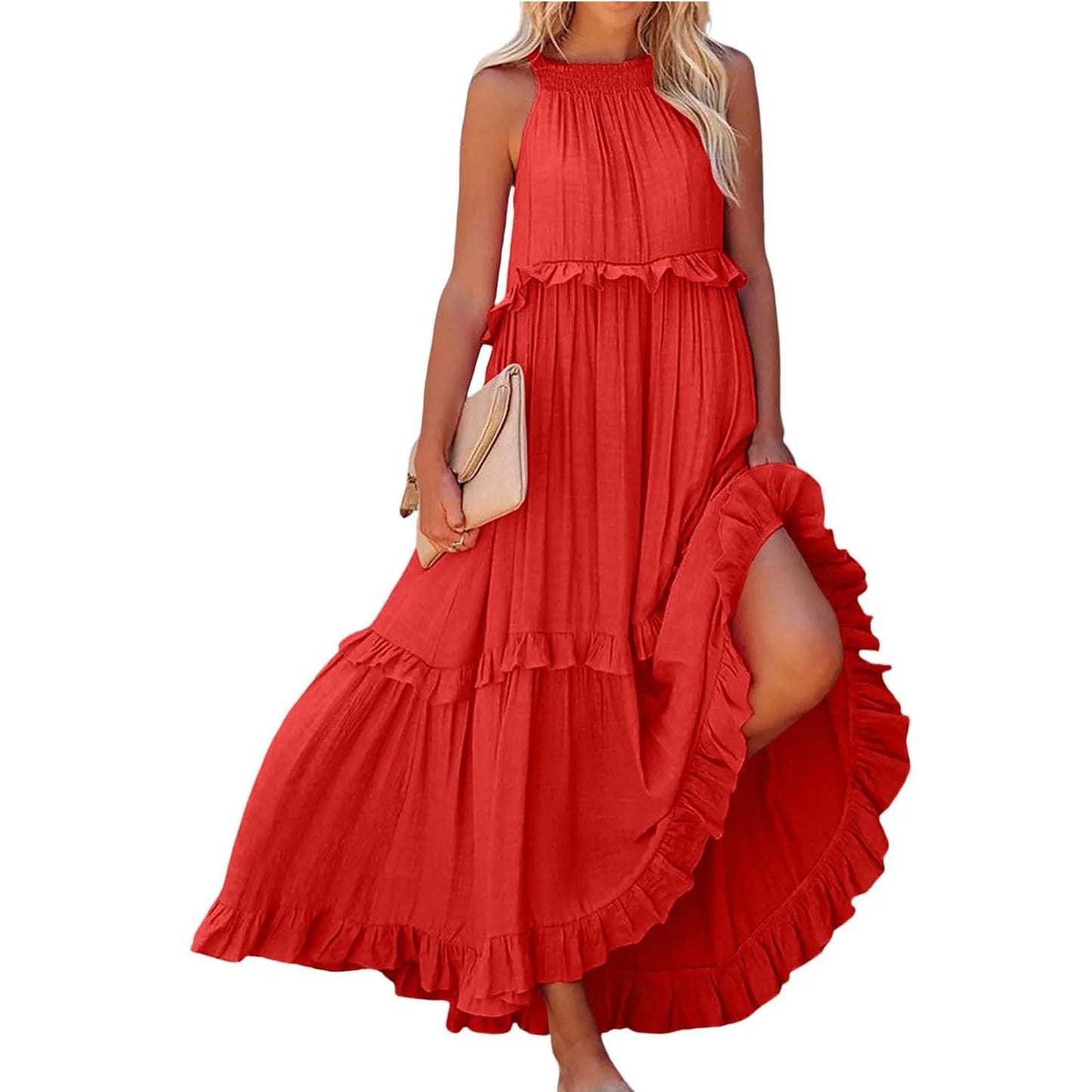 Women's Ruffled hem layered long dresses Summer Sleeveless backless dress Fashion Long Dress Big Swing Beach Dress vestidos