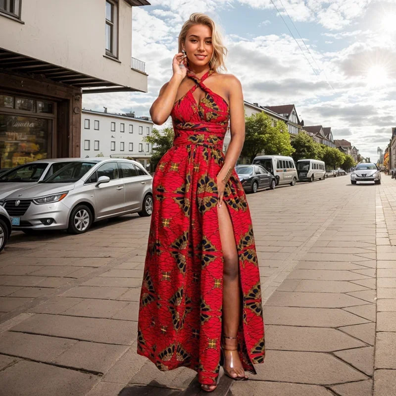 Sexy Sleeveless Dress Women Fashion Off Back African National Print Lady Party Dresses Vintage Casual Long Dress Africa Clothing