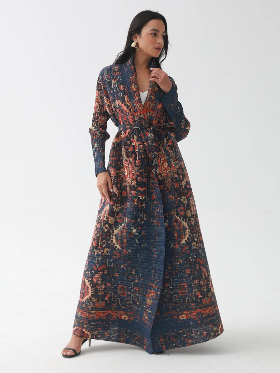 Miyake Pleated V-neck Batwing Sleeve Printed Dress Women Designer Abaya Fashion Summer Elegant Causal Loose Long Dress