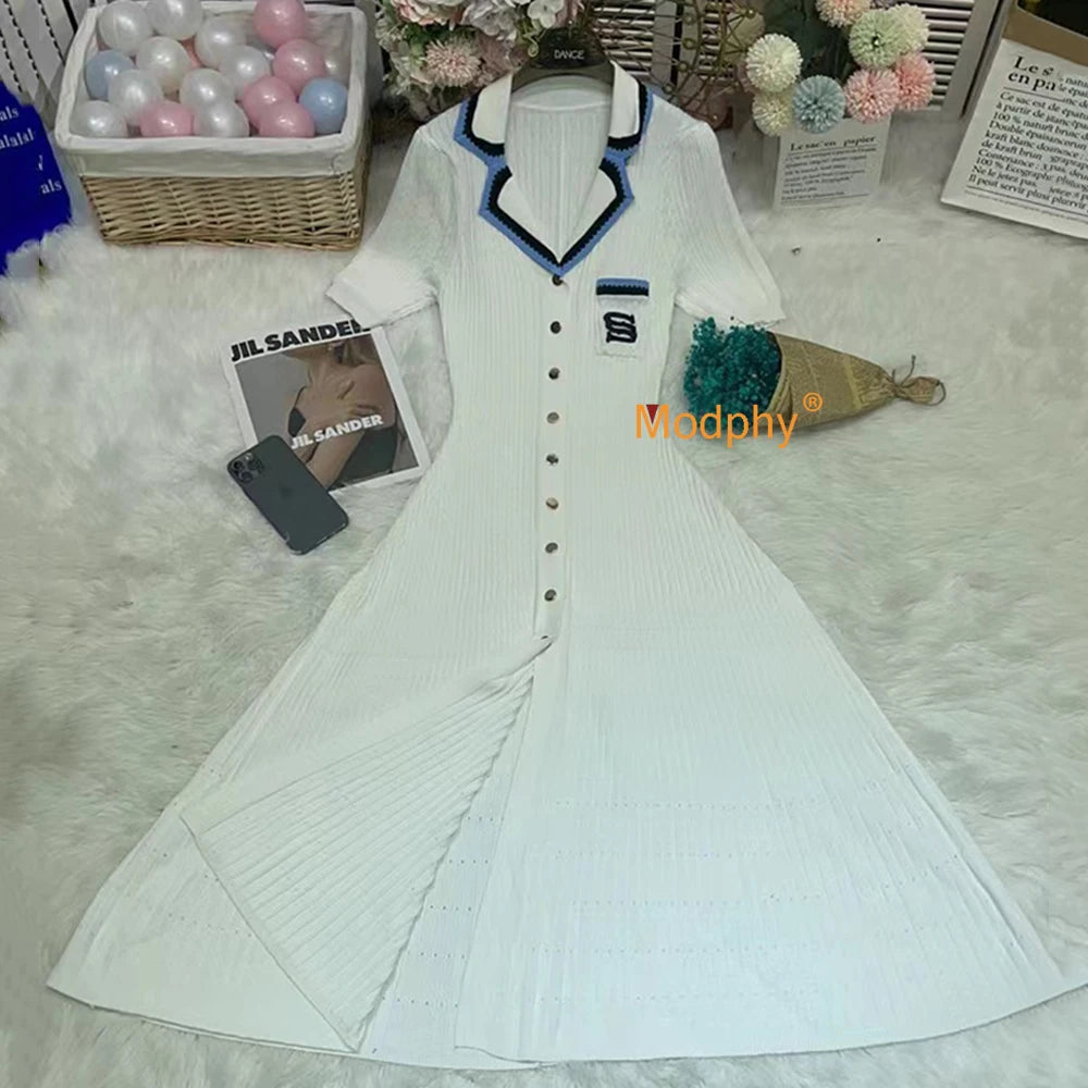 Modphy 2025 Elegant Slim Knitted Long Dress Women's Letter Single Breasted Long Sleeved Designer Vintage Dresses Autumn