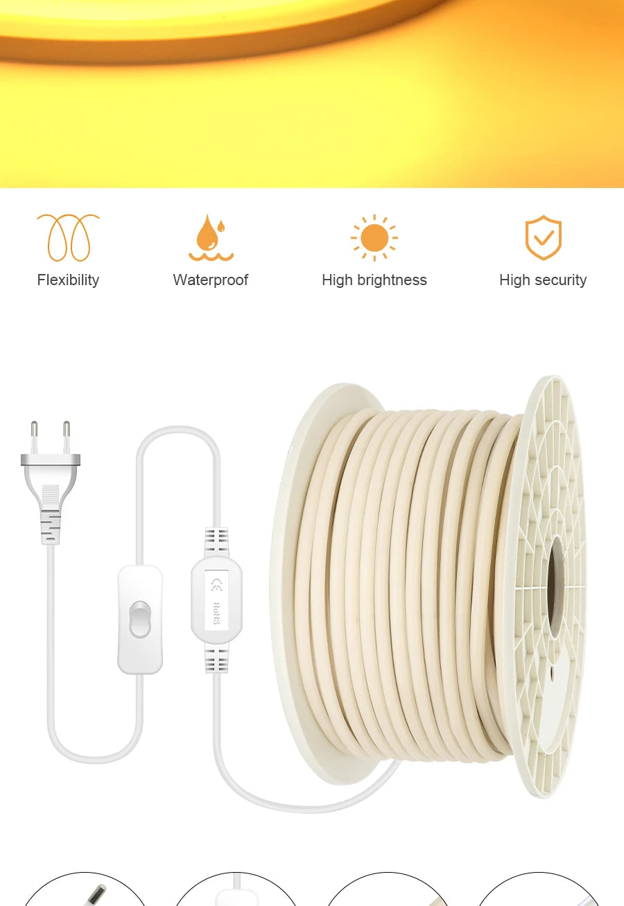 1M-50M 220V COB LED Strip Light 220V Dimmable High Bright LED Strip Waterproof Tape LED For Garden Kitchen Outdoor Strip Light