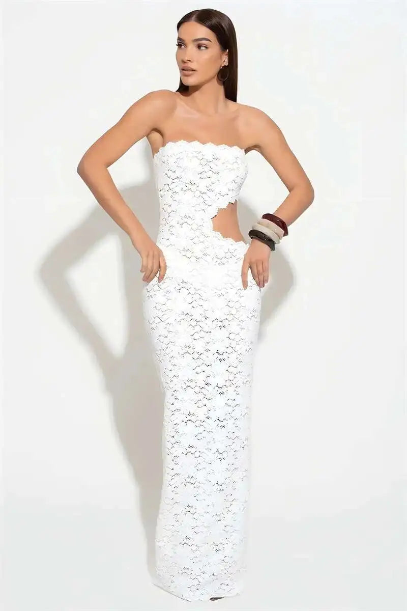 Blifanbo Backless Sexy Off-shoulder Maxi Dress Women Lace Sleeveless Strapless Hollow Out Skinny Club Party Long Dress Elegant