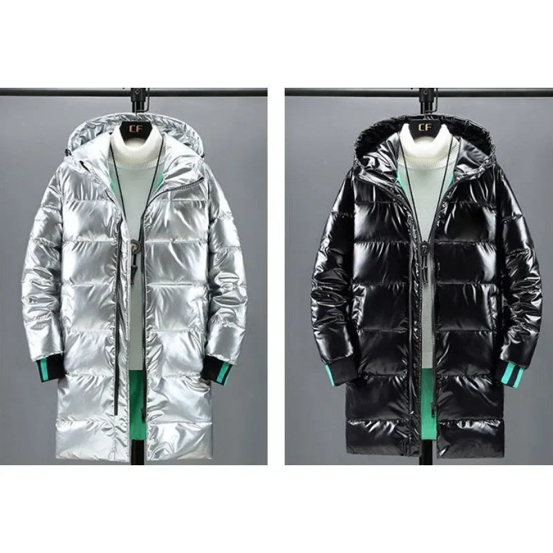Men's Mid Length Cotton Down Jacket, Thick Down Overcoat, Glossy Coat, Quilted Hoodie, Hat, Winter Trend, Casual, New