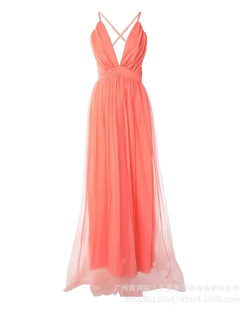 Women's Evening Party High Waist Floor Length Sexy Dress Orange Sleeveless Backless Gauze Long Dress