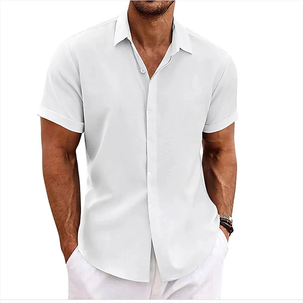 High Quality Cotton Linen Double Placket Men's Cardigan Short Sleeves Summer Home Use Lapel Shirt Cross-Border Style