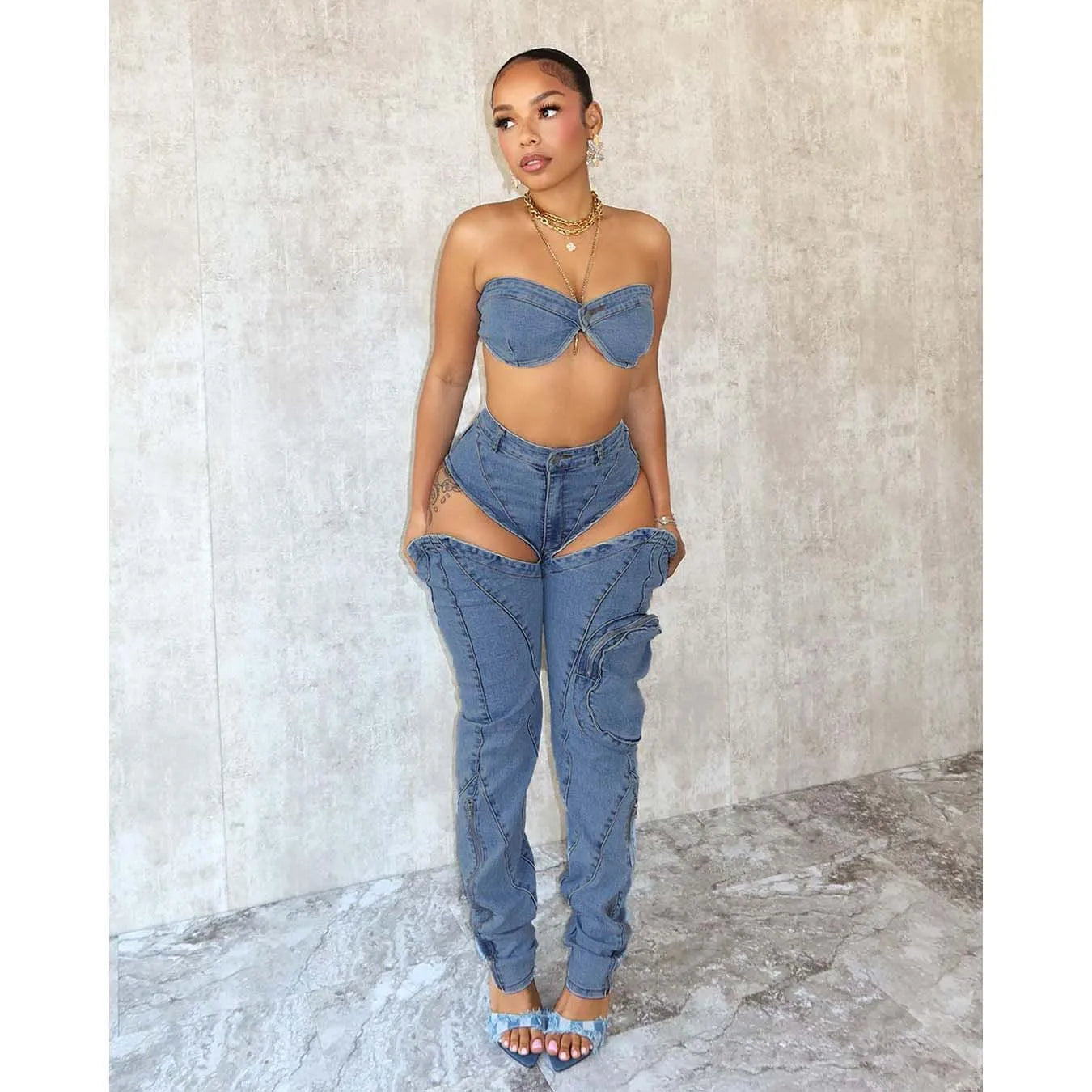 Sexy Denim Bikini Tops Two Piece Sets Matching Outfits 2024 Y2K Streetwear Women Pencil Denim Jean Pant Summer 2 Piece Sets