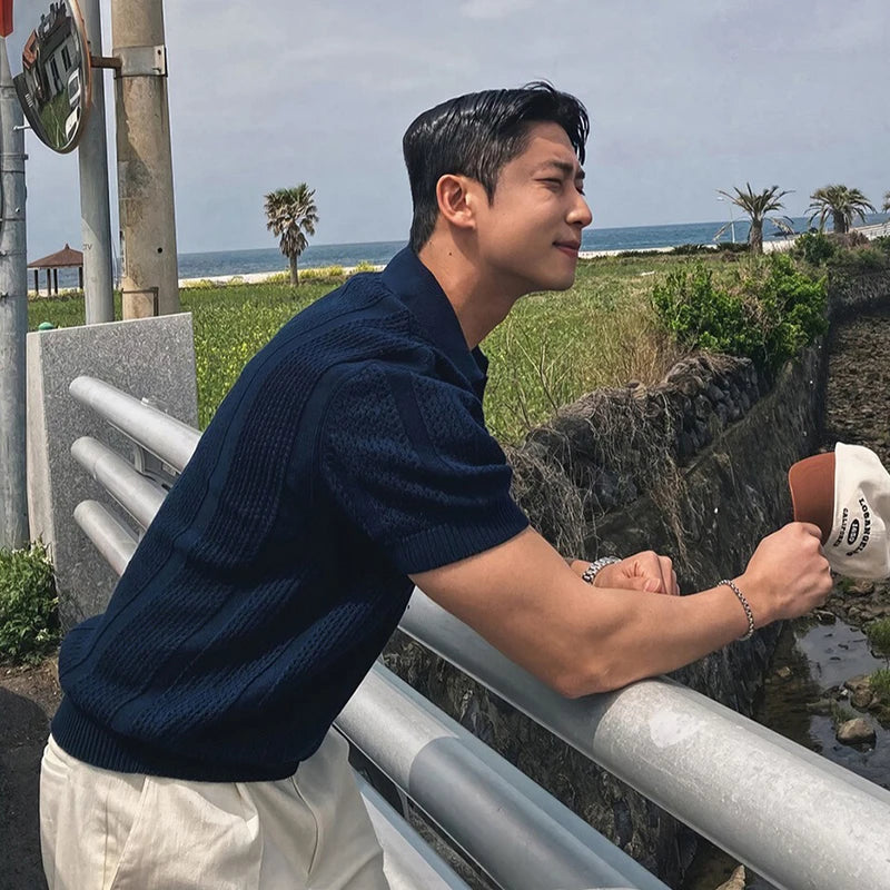 Men's Clothing Luxury Korean Popular Hollow Out Polo Shirt Leisure V Neck Short Sleeve Solid Color Retro Streetwear Knitwear
