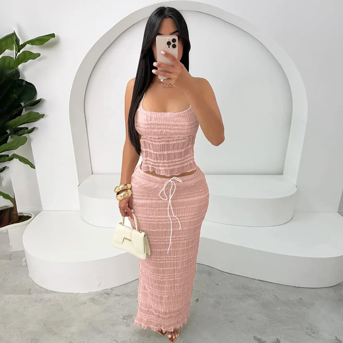 Chaxiaoa Chiffon Lace Sexy Skirt Two Piece Sets Women Halter Crop Tops and Maxi Skirt Ladies Fashion Woman Long Dress Set