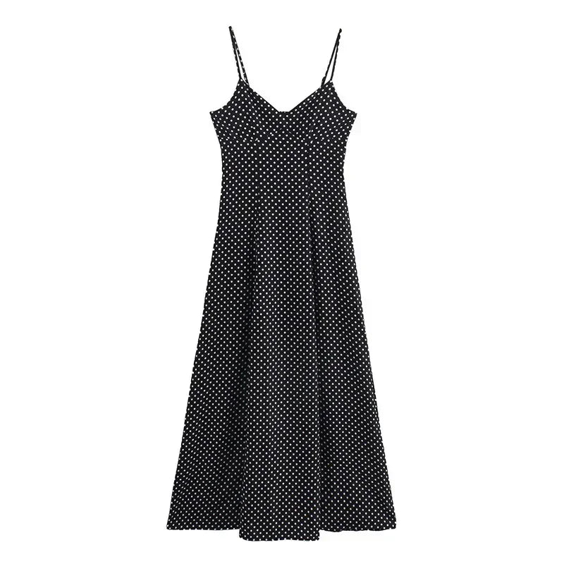 Dot Print Strapless Long Dress Women Retro V-neck Sleeveless Backless High Waist Dresses Female 2025 Spring New Lady Party Robes