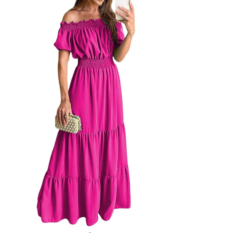 Women's Dress One-line Collar Spring And Summer Short-sleeved New Green Long Dress Fashion Casual Loose Beach Party Dresses Robe