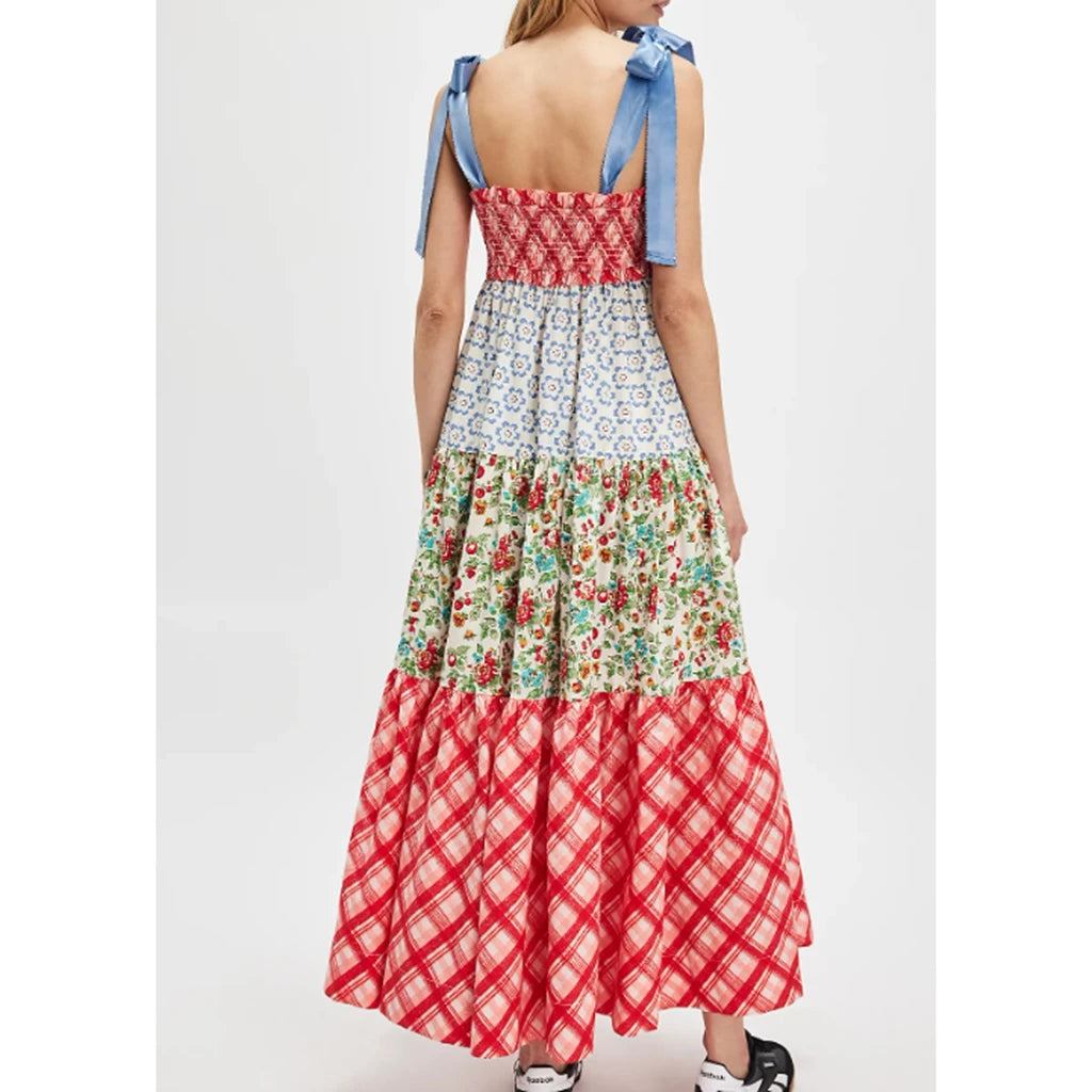 Combhasaki Women's Y2K Vintage Floral Print Ribbon Tie-Up Shoulder Straps Sleeveless V-Neck Summer Big Swing A-line Long Dress