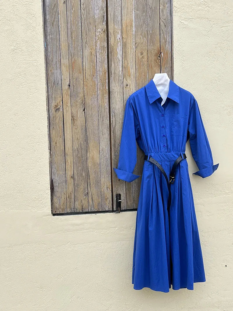 Polo‘s Collar Shirt Dress Women Spring Slimming Long Dress With A Cinched Waist Blue / Pink