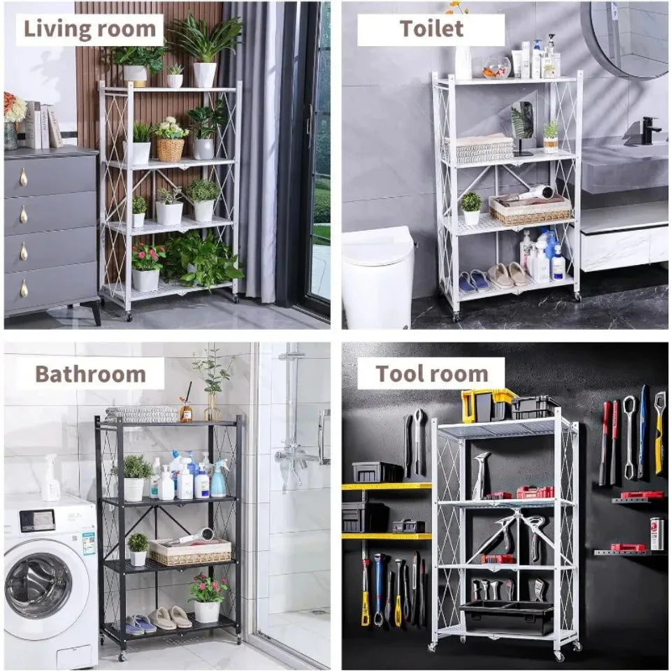 Foldable Metal Storage Rack Multifunctional Living Room Shelf Multilayer Installation Free Kitchen Organizer Trolley Bookshelf