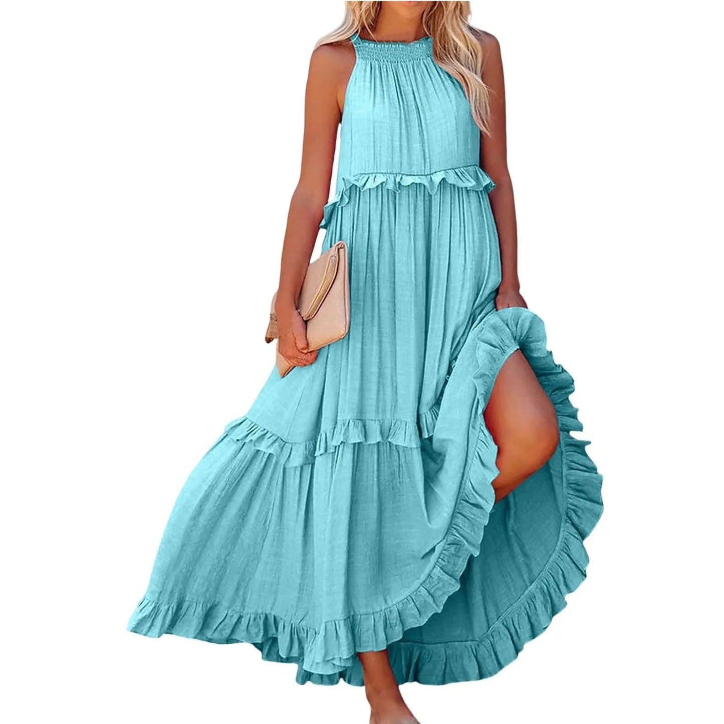 Women's Ruffled hem layered long dresses Summer Sleeveless backless dress Fashion Long Dress Big Swing Beach Dress vestidos