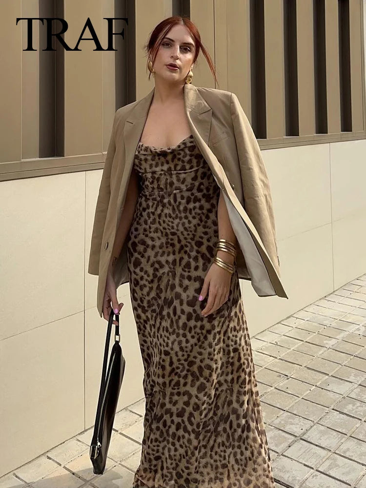 TRAFZA 2024 Women Summer Vintage Leopard Print Dress Sleeveless Backless Suspender Female Slim Casual Beach Party Long Dress