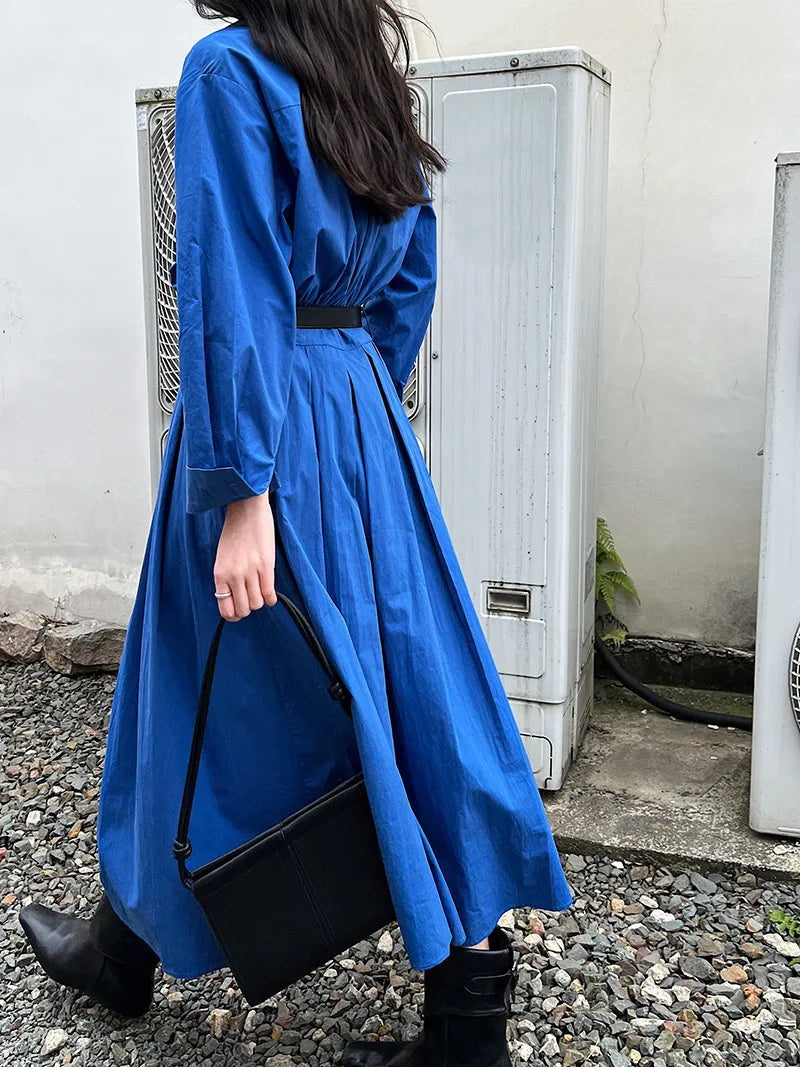 Polo‘s Collar Shirt Dress Women Spring Slimming Long Dress With A Cinched Waist Blue / Pink