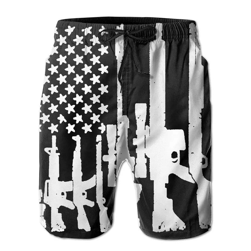 American Flag Gun Weapons Hawaii 3D Printing Hip Hop Board Shorts Summer Swimsuit Surf Swim Trunks Big Size Swimwear Men Beach