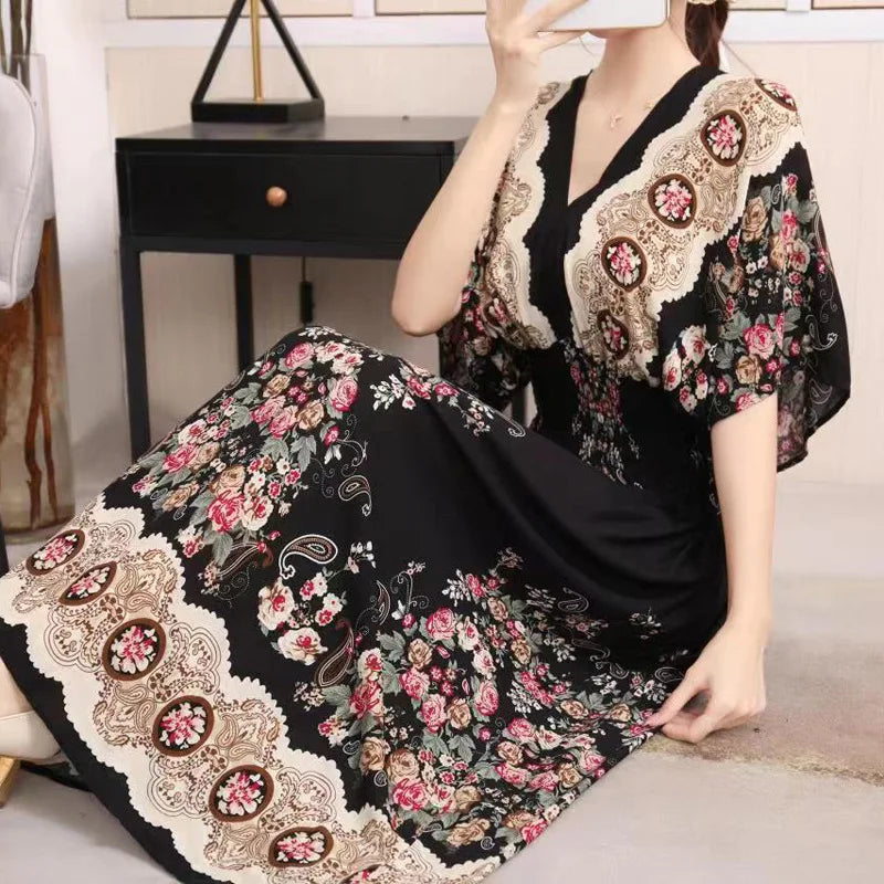 V-neck Large Skirt Hem Casual Sweet Holiday Long Dress Bat Sleeves Elastic Waist Bohemian Print Floral Elegant Dresse For Women