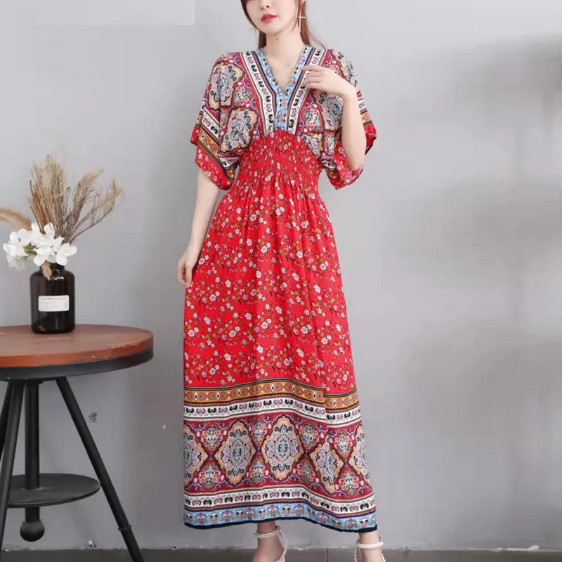 V-neck Large Skirt Hem Casual Sweet Holiday Long Dress Bat Sleeves Elastic Waist Bohemian Print Floral Elegant Dresse For Women