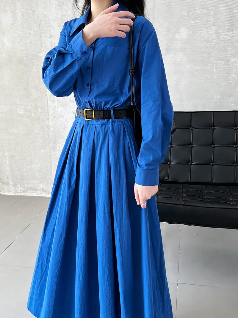 Polo‘s Collar Shirt Dress Women Spring Slimming Long Dress With A Cinched Waist Blue / Pink