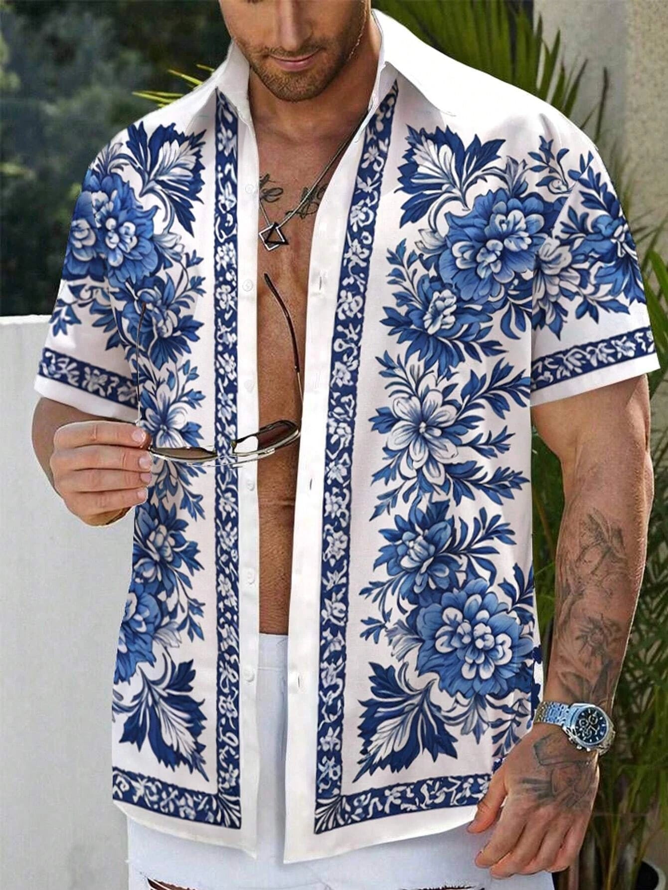 Men'S Summer Printed Vacation Shirt T-Shirt Loose Casual Button Cardigan Fashionable And Handsome Half Sleeved Men'S Top