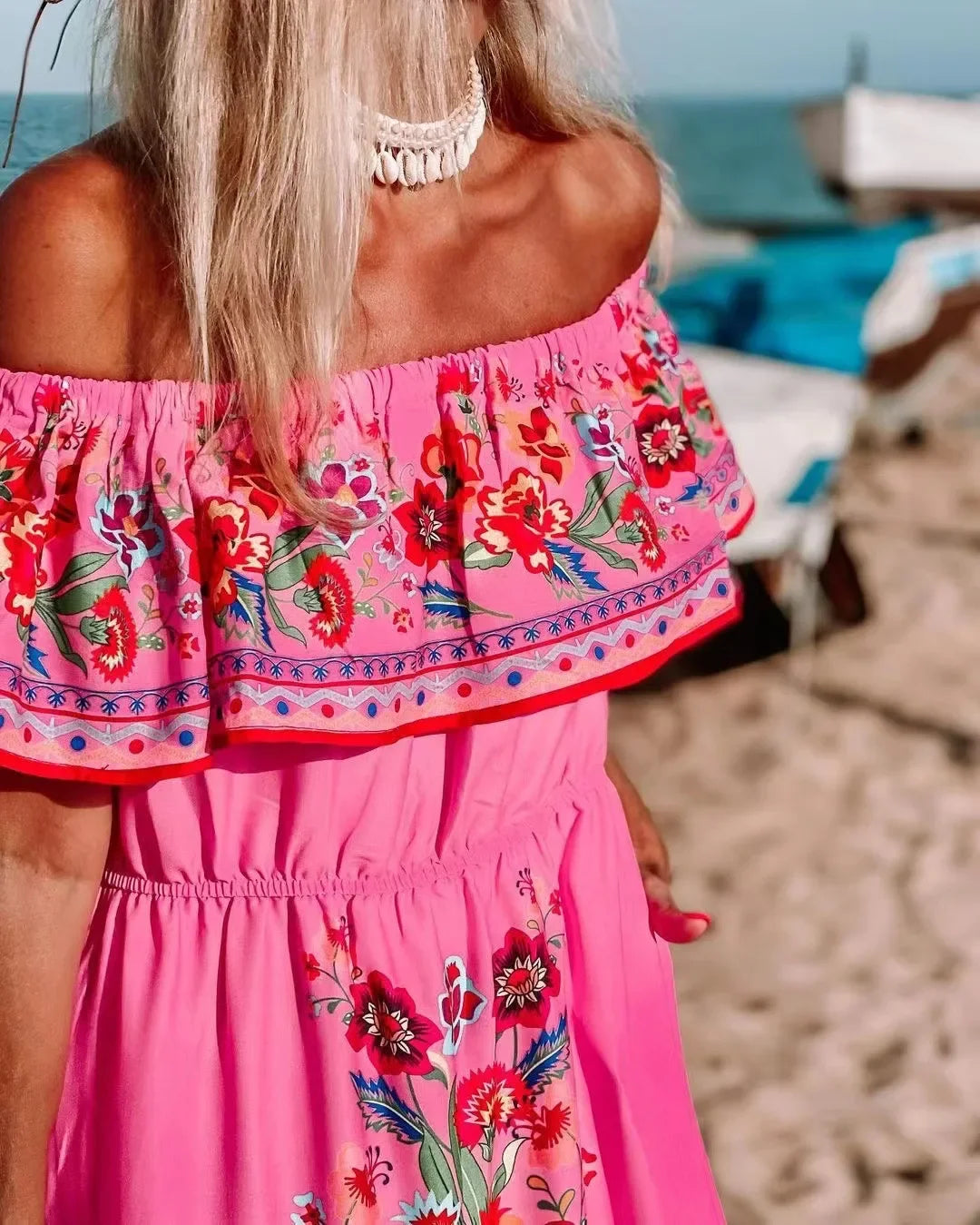 2024 Spring Summer New Independent Stand Amazon Off-shoulder Red Flower Printing Long Dress Oversized Wide Hemline Sleeveless
